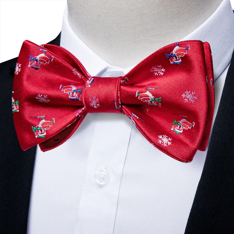 affordable necktie styles-Christmas Red Snowman Novelty Self-tied Bow Tie Pocket Square Cufflinks Set