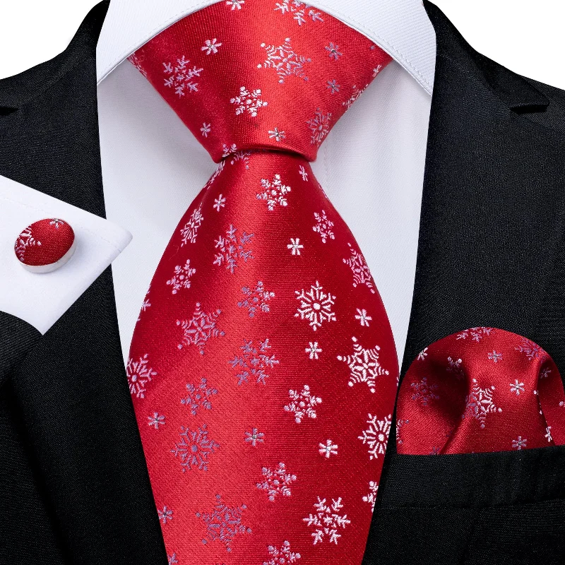 simple designer neckties-Christmas Red Solid White Snowflake Men's Tie Pocket Square Cufflinks Set