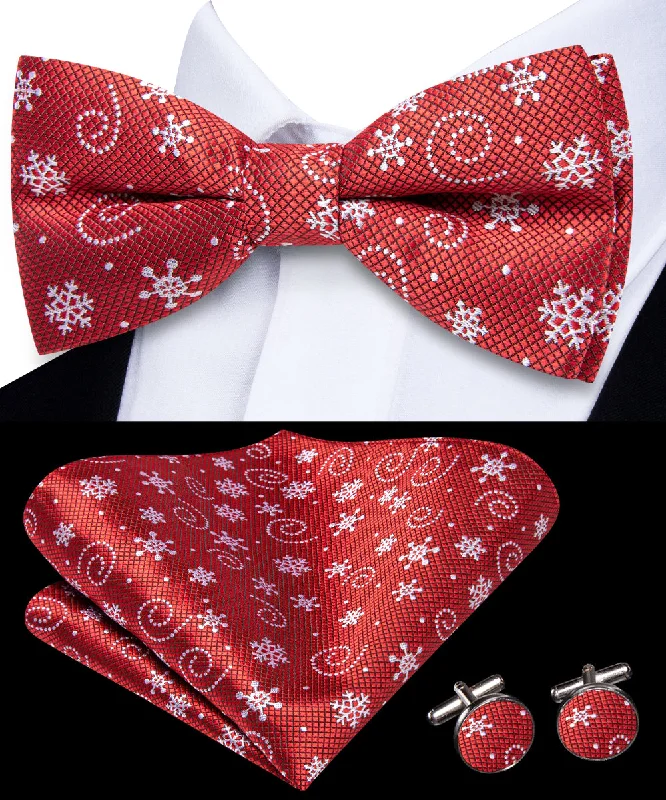 elegant business neckties-Christmas Red White Snow Pre-tied Bowtie Pocket Square Cufflinks Set