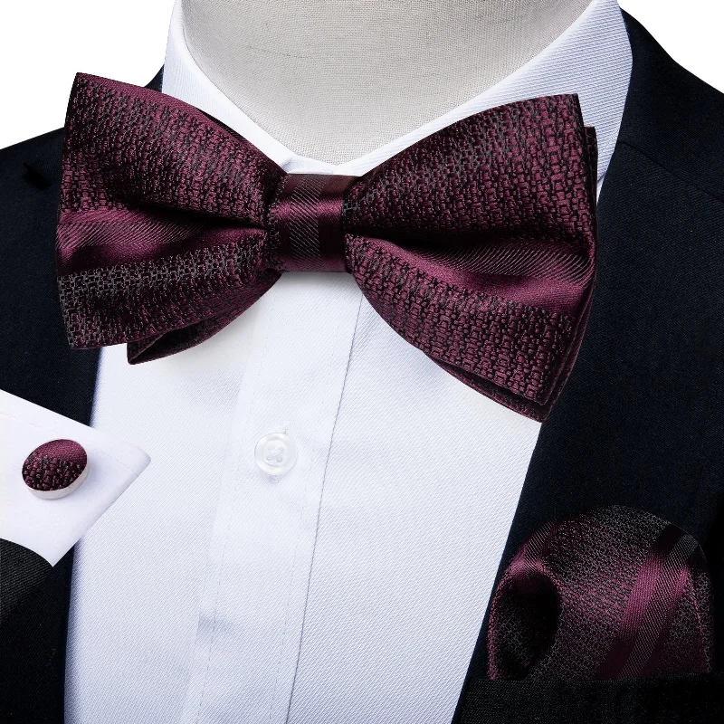 stylish neckties for office wear-Claret Solid Silk Pre-tied Bow Tie Hanky Cufflinks Set