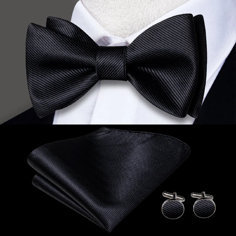 high-quality men's necktie designs-Classic Black Striped Self-tied Bow Tie Pocket Square Cufflinks Set