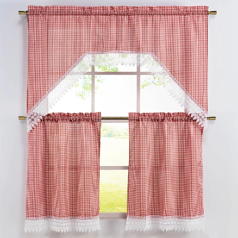 luxury patterned neckties-Classic Gingham Check 3-piece Embroidered Swag Valance and Tiers with White Lace Trim Kitchen Curtain Set