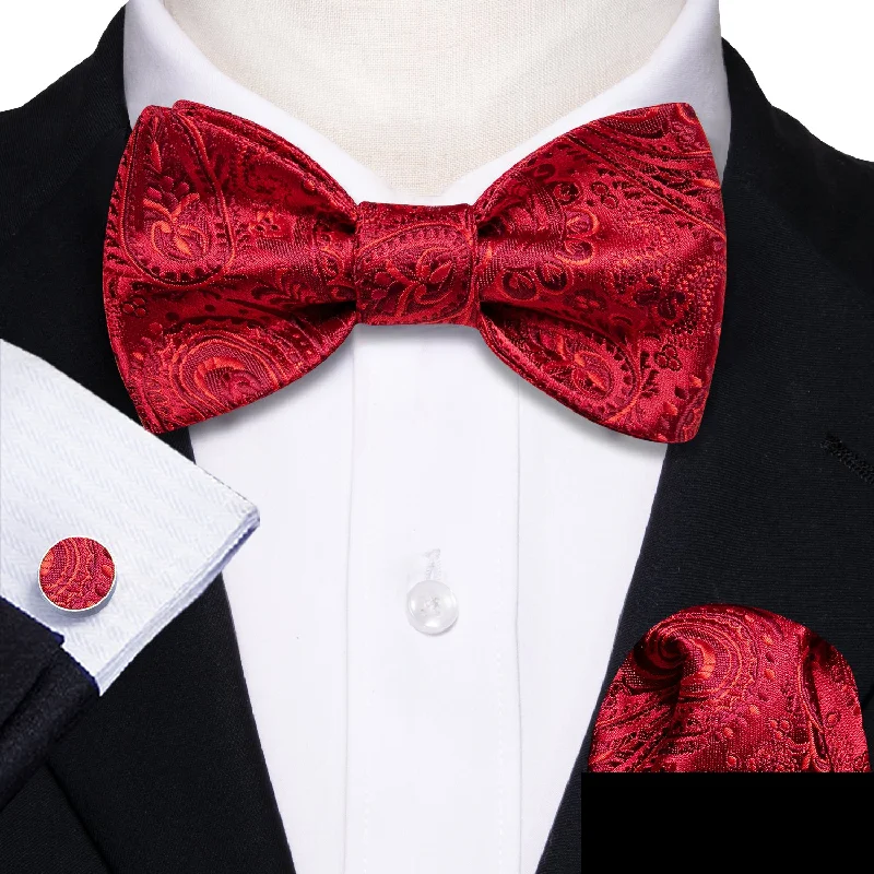 men's necktie sets for casual wear-Classic Red Paisley Self-tied Christmas Bow Tie Hanky Cufflinks Set