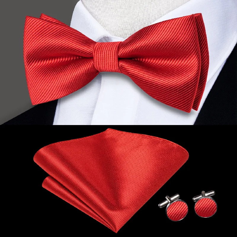 luxury designer neckties for men-Classic Red Striped Men's Pre-tied Bowtie Pocket Square Cufflinks Set