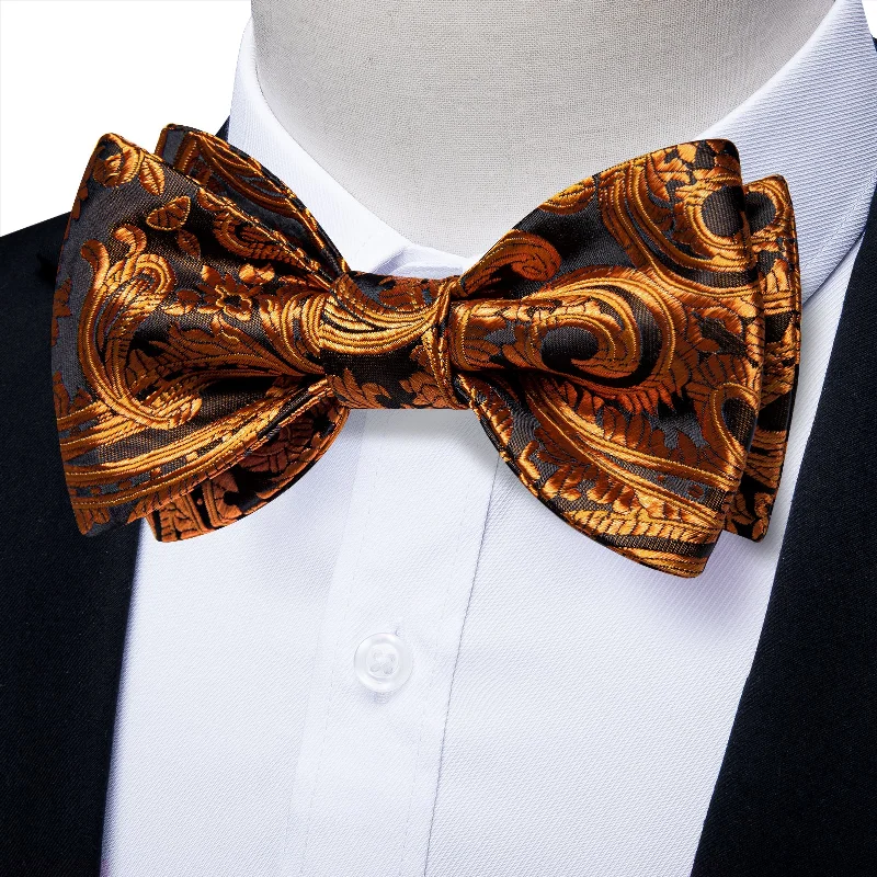 silk tie bundles for men-GoldEnrod Black  Novelty Self-tied Bow Tie Pocket Square Cufflinks Set