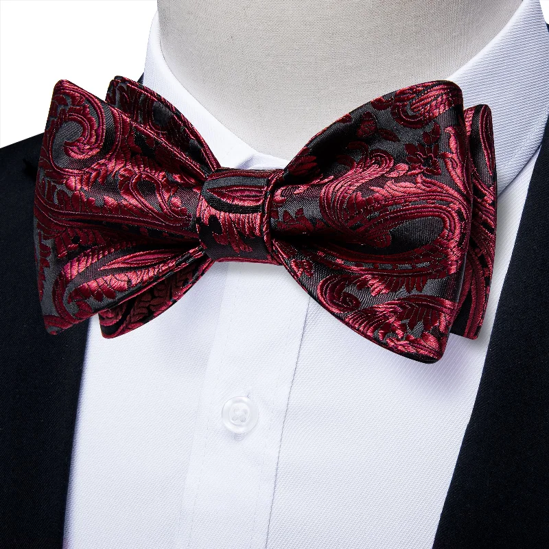 affordable wedding tie sets-Black DarkRed Novelty Self-tied Bow Tie Pocket Square Cufflinks Set