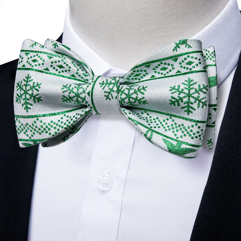 best silk ties for summer-Christmas White Green Snow Novelty Self-tied Bow Tie Pocket Square Cufflinks Set