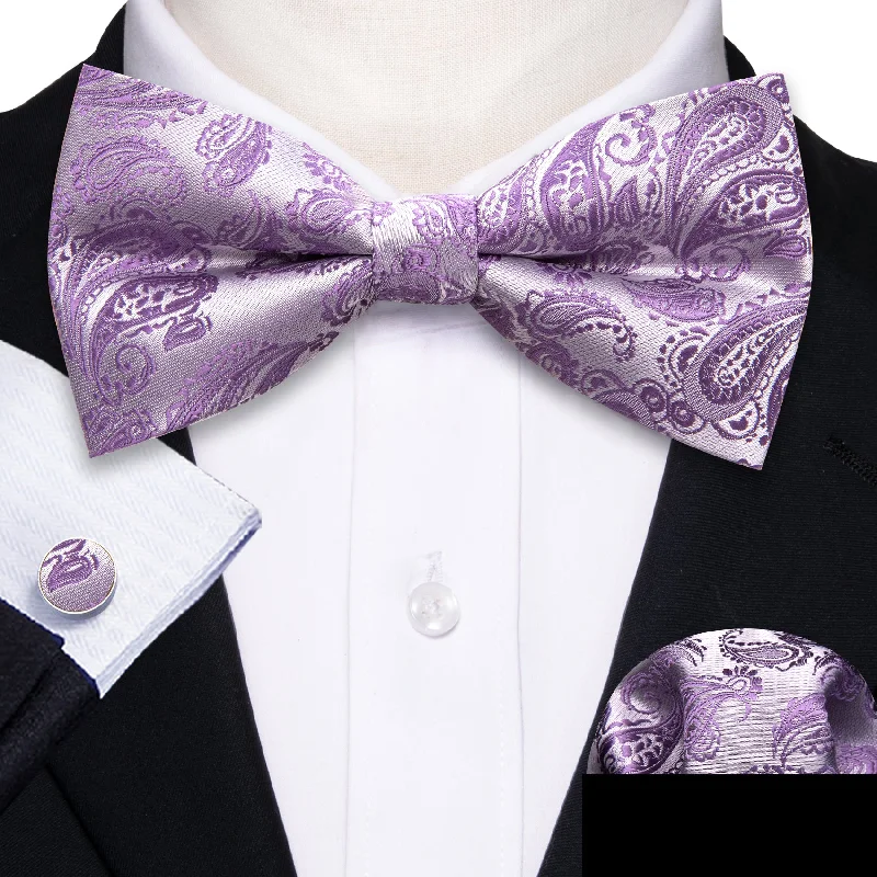 premium silk ties for weddings-Purple Paisley Men's Pre-tied Bowtie Pocket Square Cufflinks Set