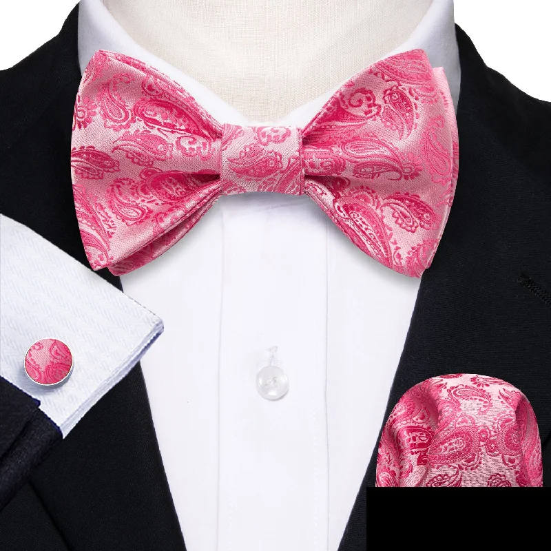 affordable office tie sets-Petal Pink Paisley Self-tied Bow Tie Pocket Square Cufflinks Set