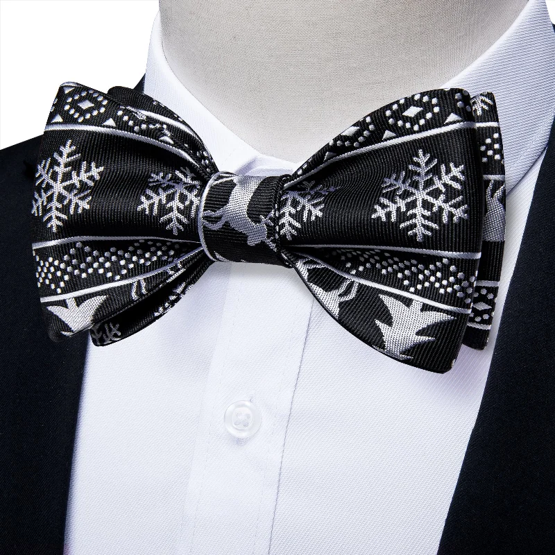 simple necktie styles-Christmas Black  White Snow Novelty Self-tied Bow Tie Pocket Square Cufflinks Set