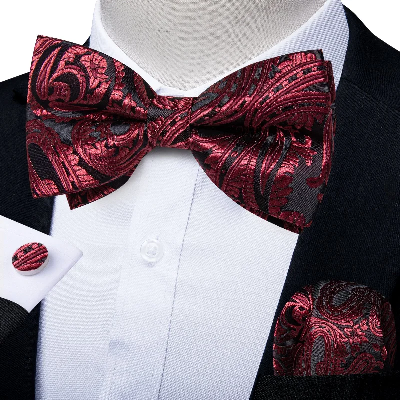 men's necktie collections-Dark Wine Red Black Paisley Men Pre-tied Bowtie Pocket Square Cufflinks Set