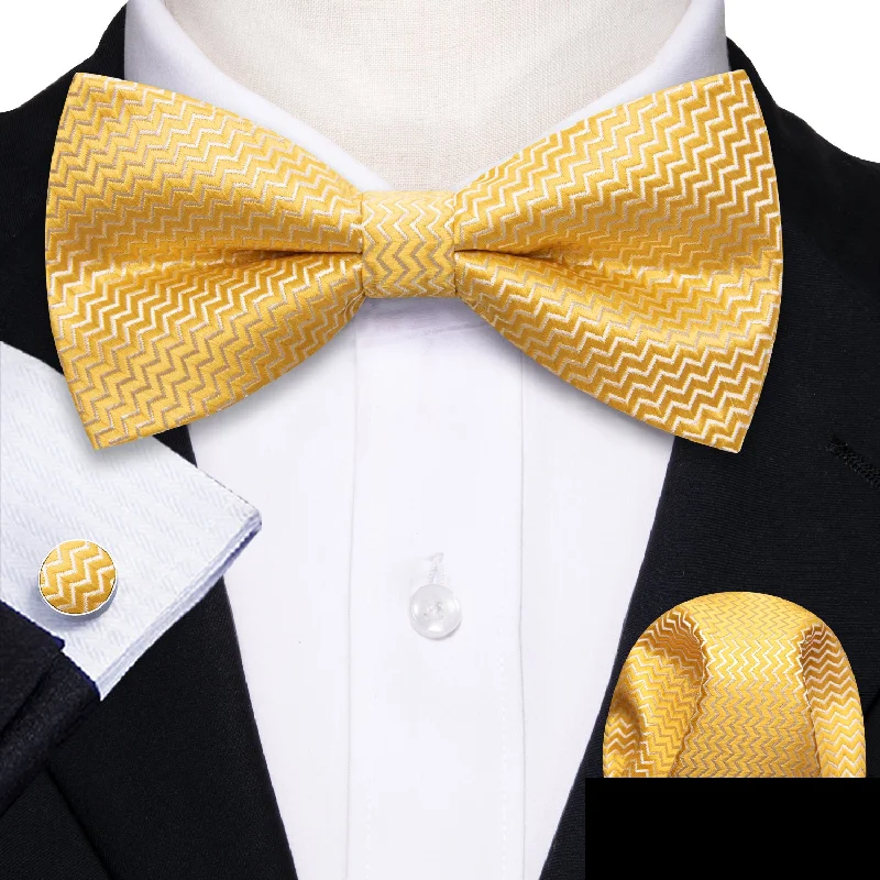 men's business bow ties-Baby Yellow Novelty Men's Pre-tied Bowtie Pocket Square Cufflinks Set