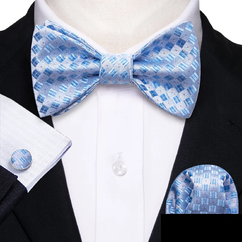 silk necktie colors for business-Baby Blue Plaid Self-tied Bow Tie Pocket Square Cufflinks Set