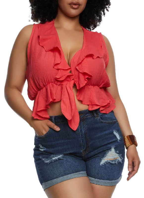 comfortable neckties for office wear-Plus Size Gauze Knit Ruffled Tie Front Crop Top