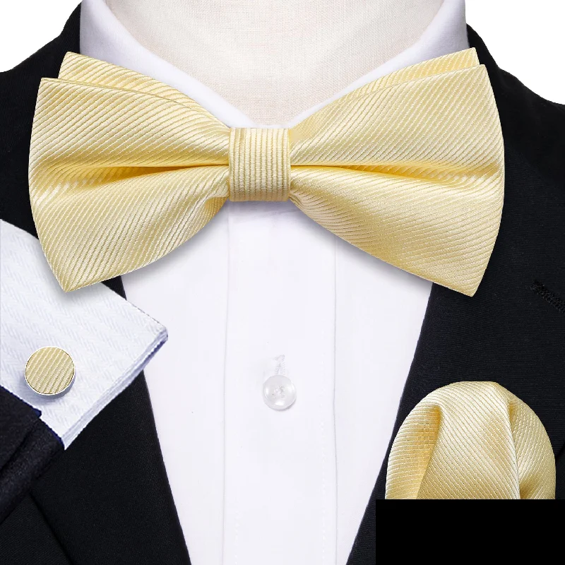 best silk ties for interviews-Cream Yellow Solid Men's Pre-tied Bowtie Pocket Square Cufflinks Set