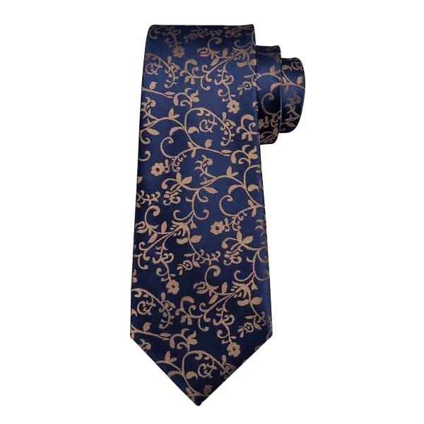 modern silk necktie sets-Classy Men Dark Blue Brown Floral Silk Tie