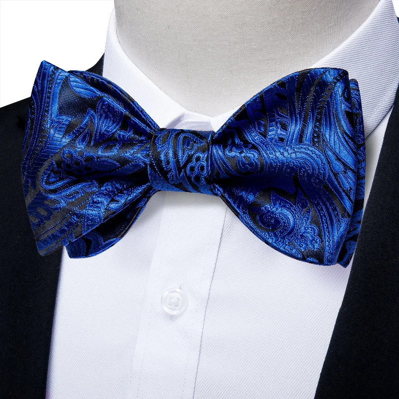 high-end wedding necktie sets-Dark Blue Paisley Self-tied Bow Tie Pocket Square Cufflinks Set