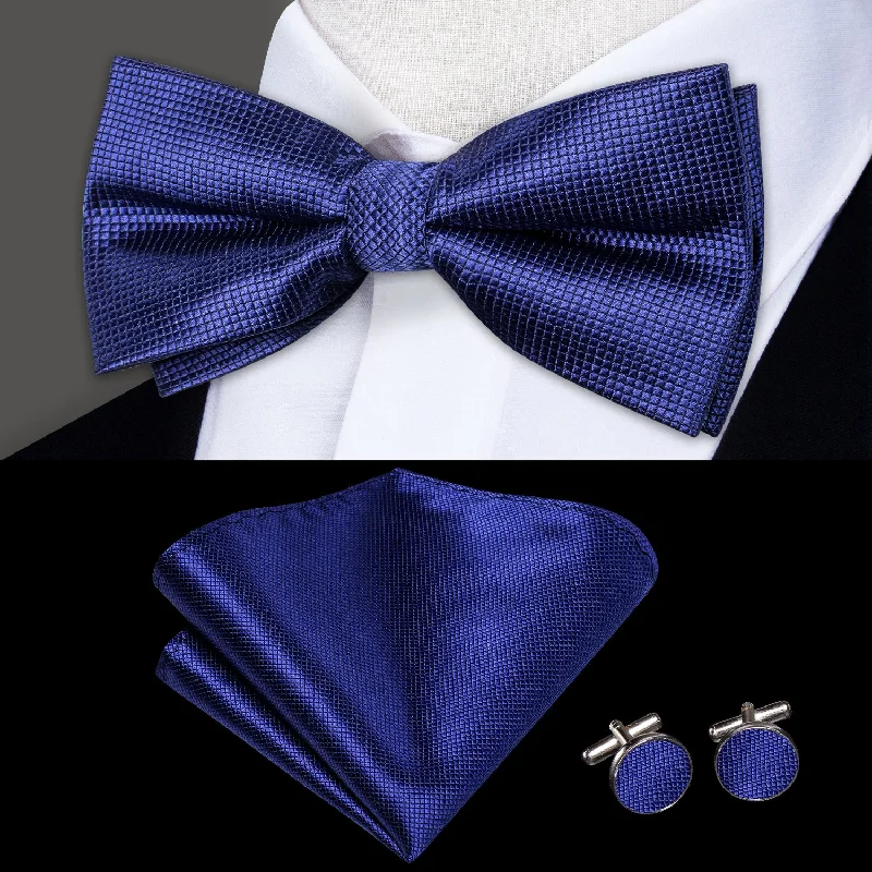 men's business event bow ties-Dark Blue Plaid Men's Pre-tied Bowtie Pocket Square Cufflinks Set