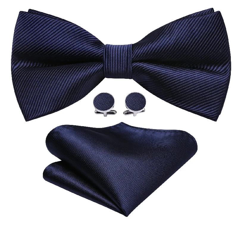 classic business silk bow ties-Dark Blue Solid Men's Silk Pre-tied Bowtie Pocket Square Cufflinks Set