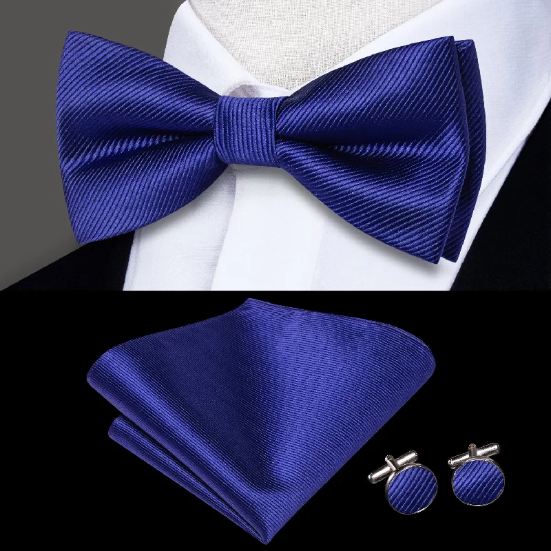 business casual silk ties-Dark Blue Striped Men's Pre-tied Bowtie Pocket Square Cufflinks Set