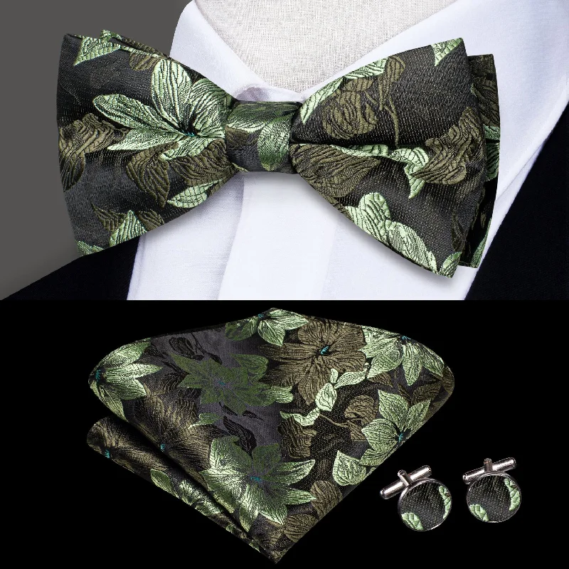 silk necktie colors for business-Dark Brown Green Floral Men's Pre-tied Bowtie Pocket Square Cufflinks Set