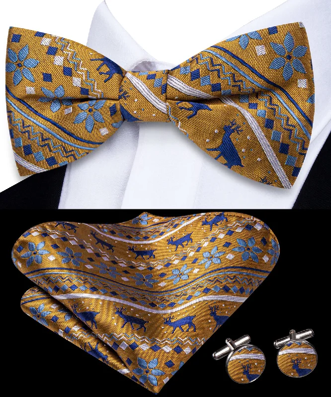 stylish business necktie packs-Dark Goldenrod Christmas Novelty Pre-tied Bowtie Pocket Square Cufflinks Set