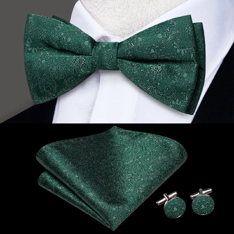 trendy wedding necktie ideas-Dark Green Floral Men's Pre-tied Bowtie Pocket Square Cufflinks Set