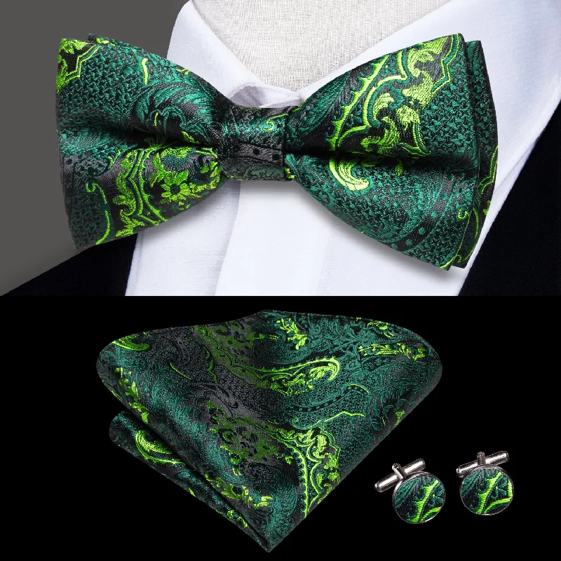 simple designer neckties-Dark Green Paisley Men's Pre-tied Bowtie Pocket Square Cufflinks Set