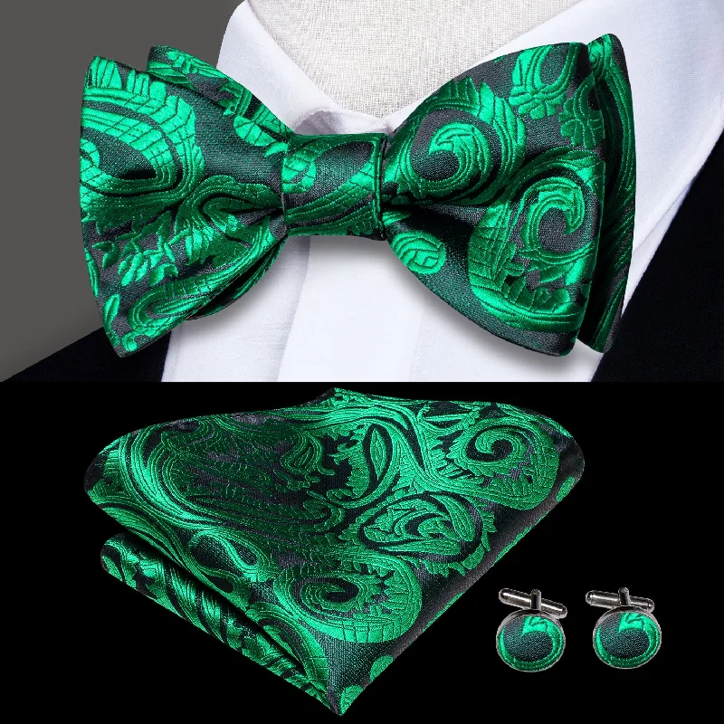 men's wedding tie designs-Dark Green Paisley Self-tied Bow Tie Pocket Square Cufflinks Set