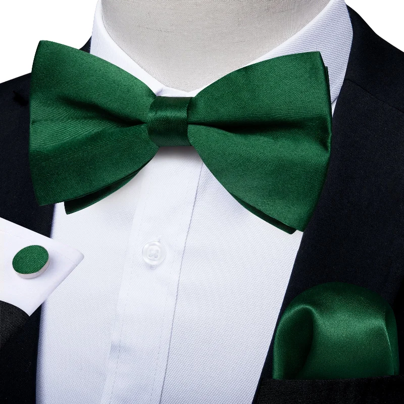 fashionable bow ties for weddings-Dark Green Solid Men's Pre-tied Bowtie Pocket Square Cufflinks Set