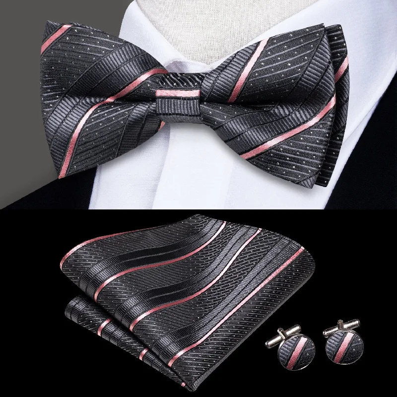 affordable wedding tie sets-Dark Grey Striped Men's Pre-tied Bowtie Pocket Square Cufflinks Set