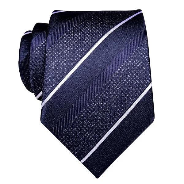 affordable business bow ties-Classy Men Dark Navy Blue Striped Silk Tie