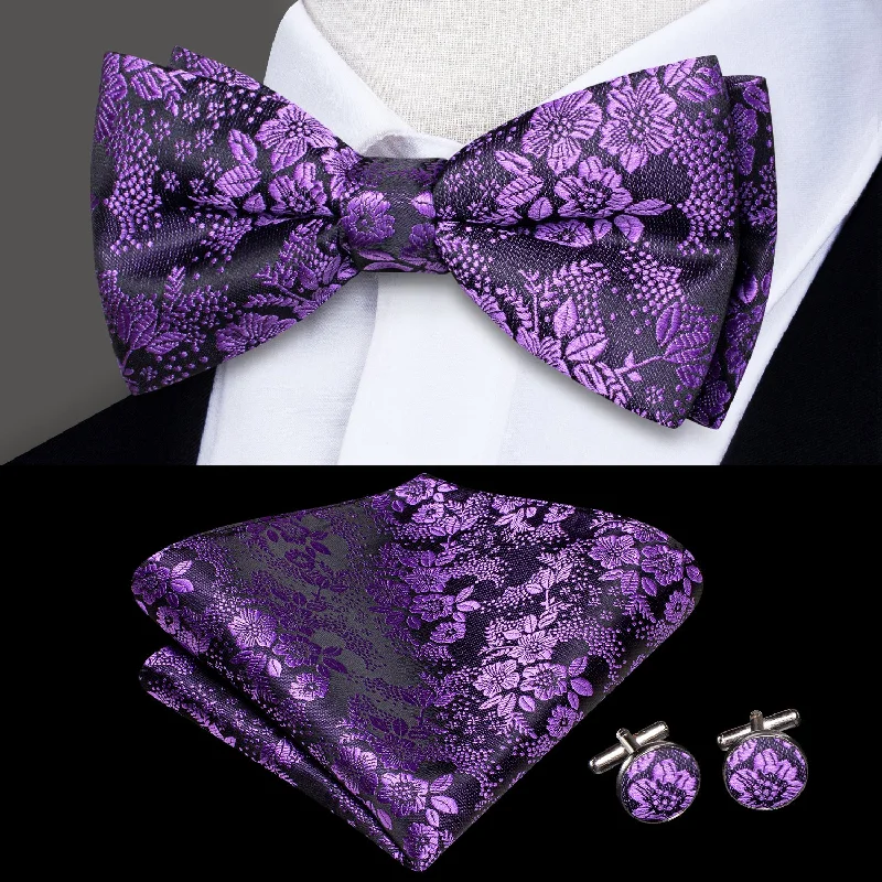 men's business bow ties-Dark Purple Floral Men's Pre-tied Bowtie Pocket Square Cufflinks Set