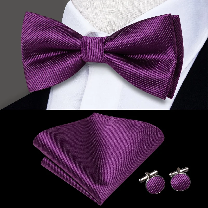 vibrant necktie patterns for men-Dark Purple Striped Men's Pre-tied Bowtie Pocket Square Cufflinks Set