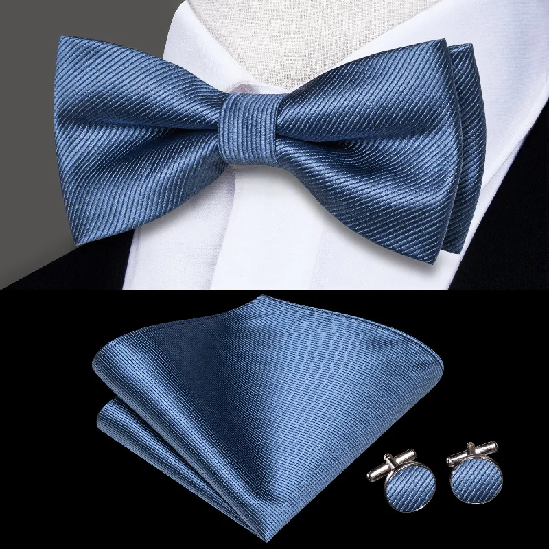 slim-fit neckties for men-Denim Blue Striped Men's Pre-tied Bowtie Pocket Square Cufflinks Set