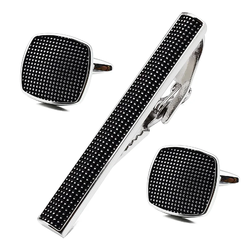 elegant designer neckties-Detailed Black Cufflink and Tie Clip Set