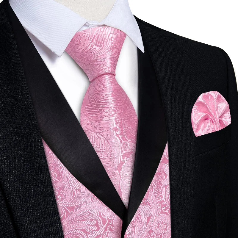 luxury designer neckties for men-DiBanGu Baby Pink Floral Silk Shawl Collar Mens Dress Vest Tie Set