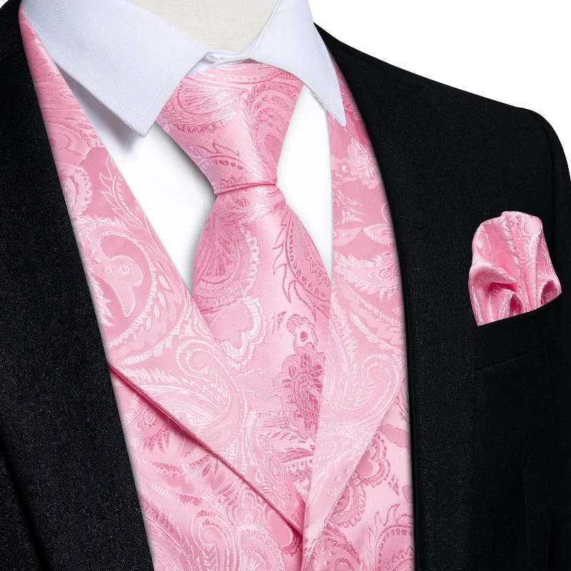 solid color neckties for business-DiBanGu Baby Pink Paisley Silk Notched Collar Slim Fit Mens Waistcoat Tie Set