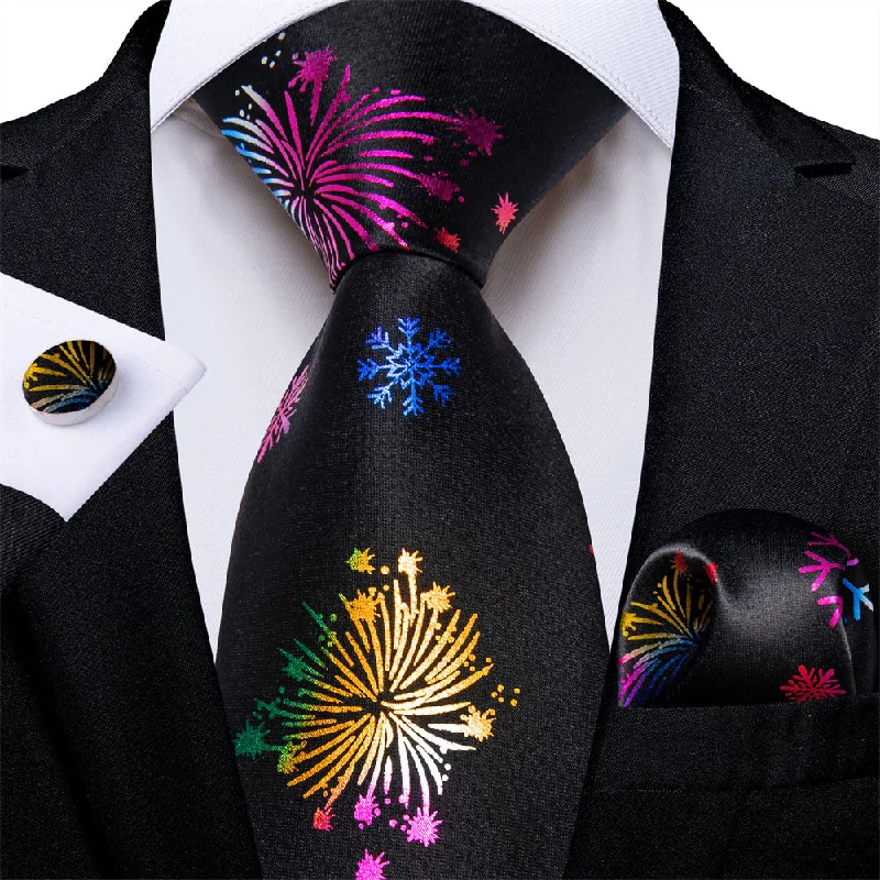 unique wedding necktie combinations-DiBanGu Black Colorful Fireworks Christmas Necktie Pocket Square Cufflinks Set