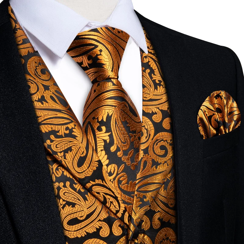 unique wedding necktie combinations-DiBanGu Black Gold Paisley Notched Collar Silk Mens Dress Vest Tie Set