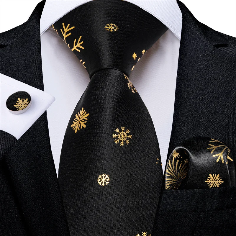 unique wedding tie designs for men-DiBanGu Black Gold Snow Christmas Necktie Pocket Square Cufflinks Set