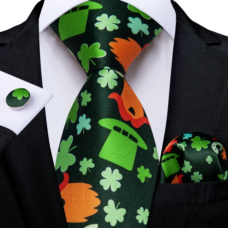 affordable business bow ties-DiBanGu Black Green Clover Halloween Necktie Pocket Square Cufflinks Set