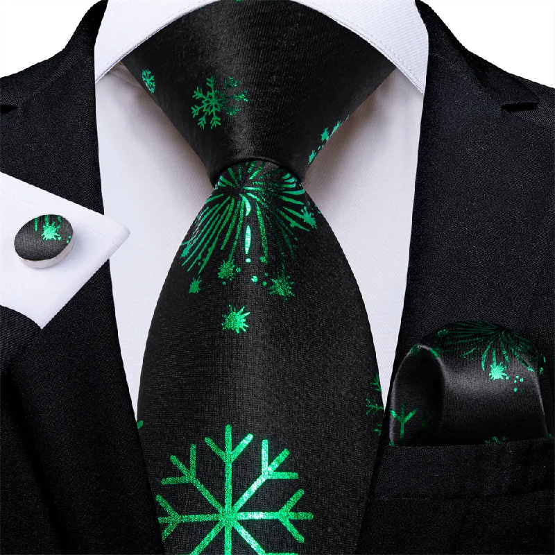 designer necktie sets for office wear-DiBanGu Black Green Snow Christmas Necktie Pocket Square Cufflinks Set