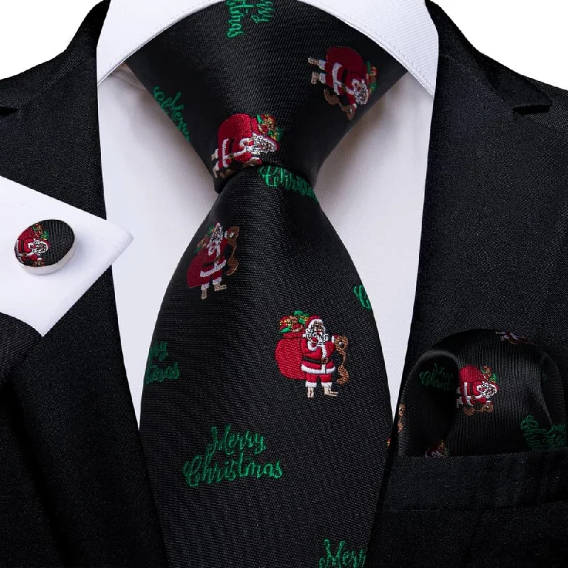 premium silk necktie collections-DiBanGu Black Red Christmas Santa Claus Necktie Pocket Square Cufflinks Set