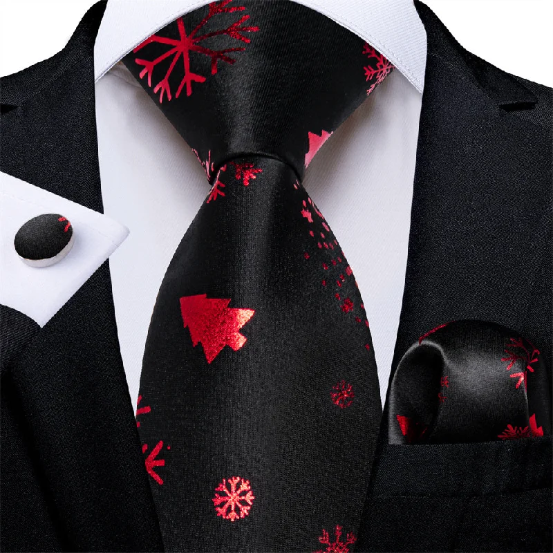 fashionable bow ties for weddings-DiBanGu Black Red Christmas Tree Snow Necktie Pocket Square Cufflinks Set