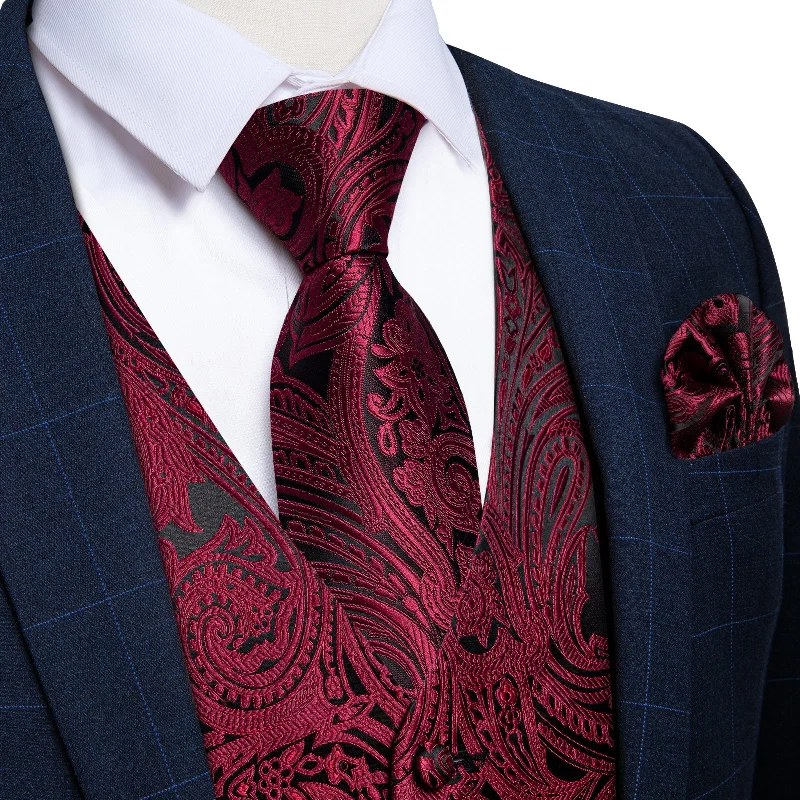 patterned necktie sets-DiBanGu Black Red Paisley V Neck Silk Mens Vest Tie Set