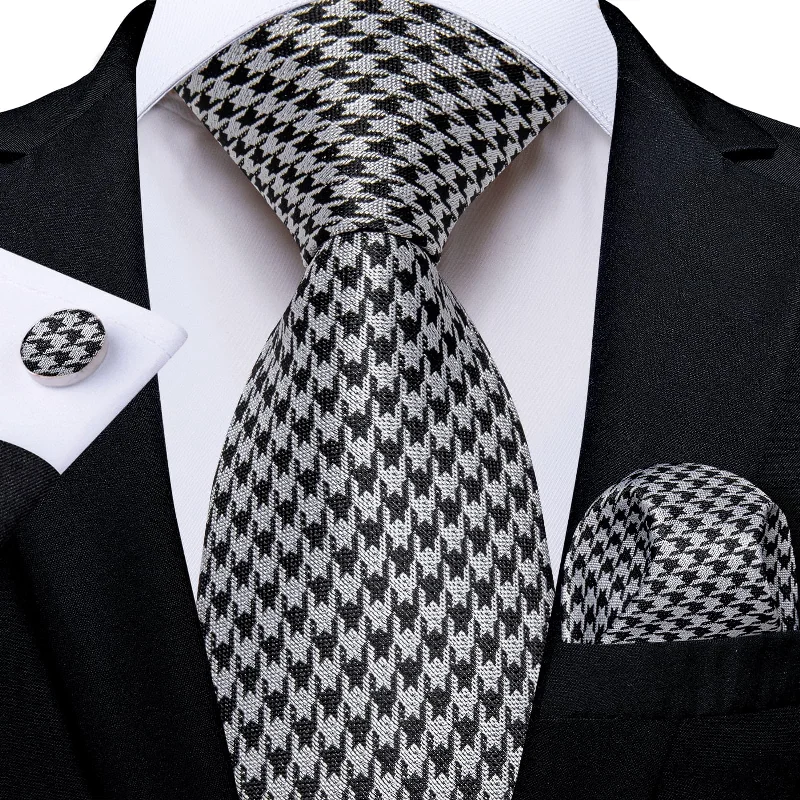 men's silk wedding necktie sets-DiBanGu Black White Novelty Pattern Silk Mens Tie Hanky Cufflinks Set