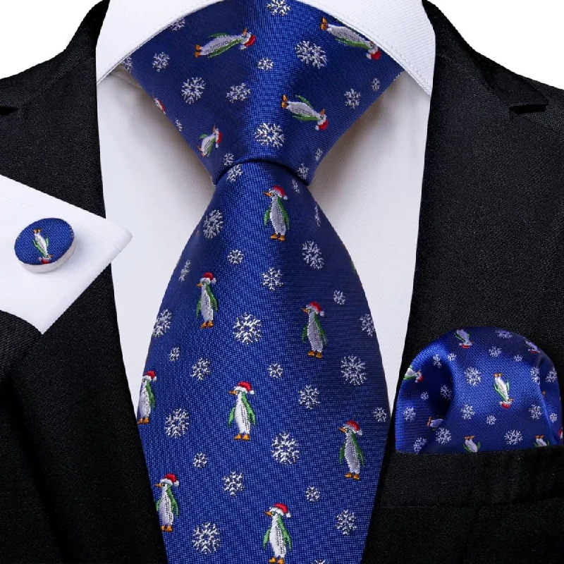 luxury office silk neckties-DiBanGu Blue Christmas Penguins Snowflake Necktie Pocket Square Cufflinks Set