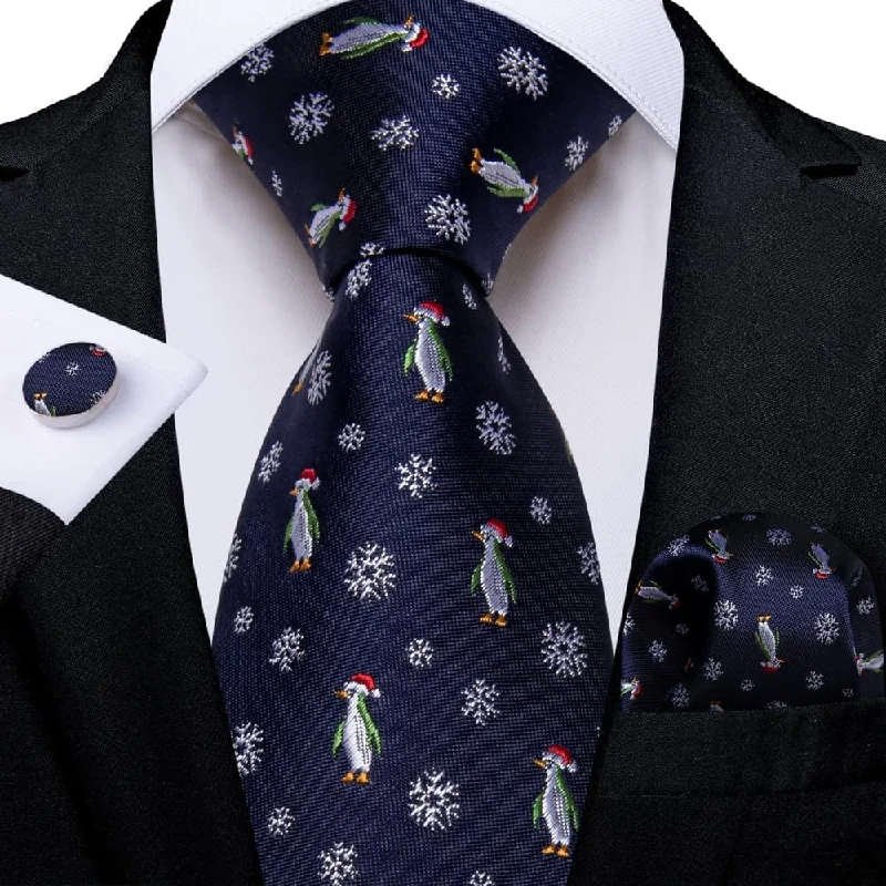 high-end necktie brands-DiBanGu Blue Christmas Penguins Snowflake Necktie Pocket Square Cufflinks Set