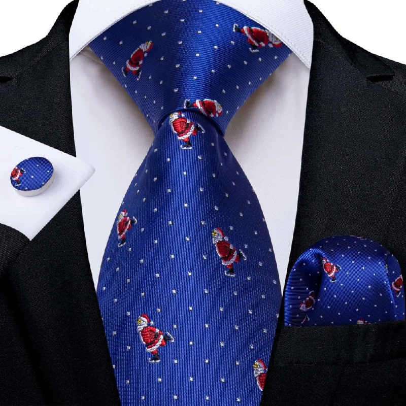 luxury silk wedding necktie sets-DiBanGu Blue Christmas Santa Claus Polka Dot Necktie Pocket Square Cufflinks Set